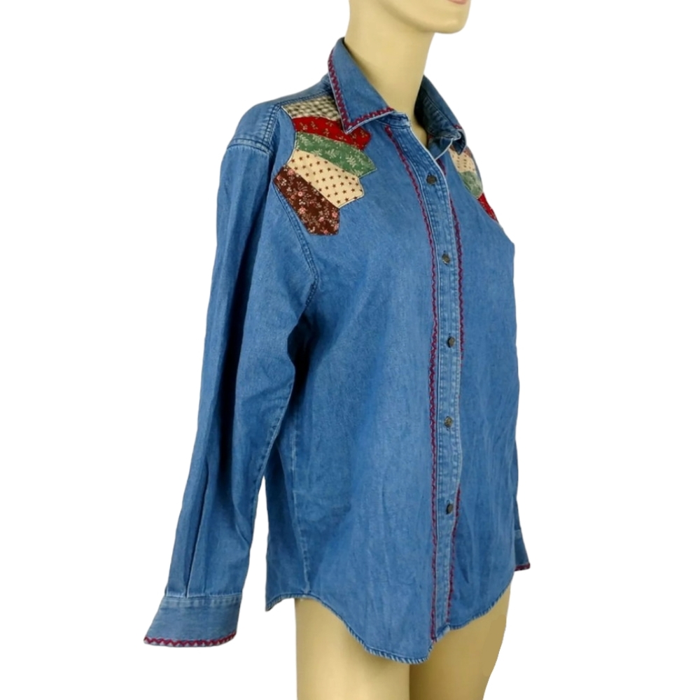SUSAN BRISTOL patchwork vintage denim long sleeve button down top size 6